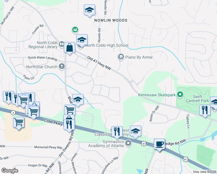 map of restaurants, bars, coffee shops, grocery stores, and more near 3007 Liberty Hill Way Northwest in Kennesaw