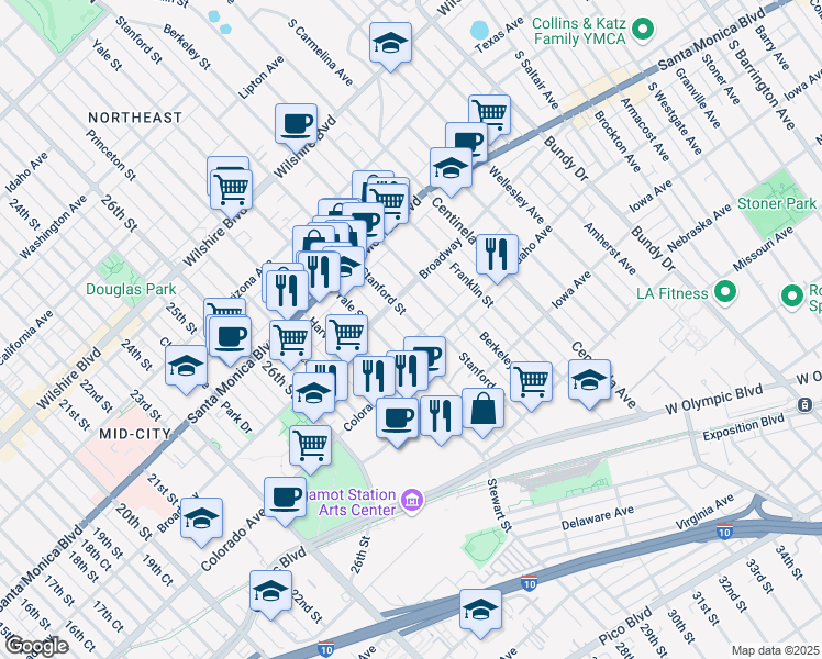 map of restaurants, bars, coffee shops, grocery stores, and more near 1538 Stanford Street in Santa Monica