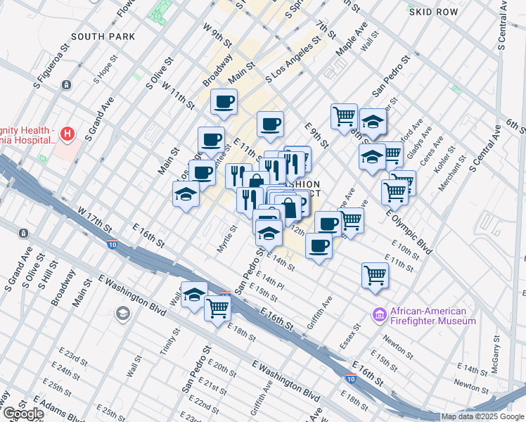 map of restaurants, bars, coffee shops, grocery stores, and more near 1219 San Pedro Street in Los Angeles
