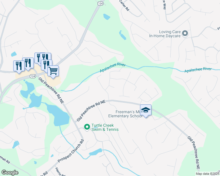map of restaurants, bars, coffee shops, grocery stores, and more near 1694 Peachcrest Court in Lawrenceville