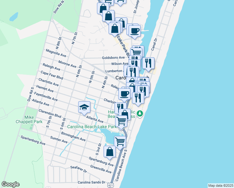 map of restaurants, bars, coffee shops, grocery stores, and more near 8 South 3rd Street in Carolina Beach