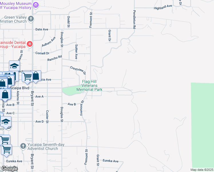 map of restaurants, bars, coffee shops, grocery stores, and more near 35812 Grandview Drive in Yucaipa