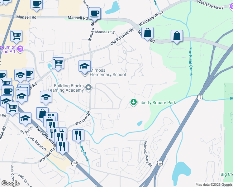 map of restaurants, bars, coffee shops, grocery stores, and more near 10610 Worthington Hills Manor in Roswell