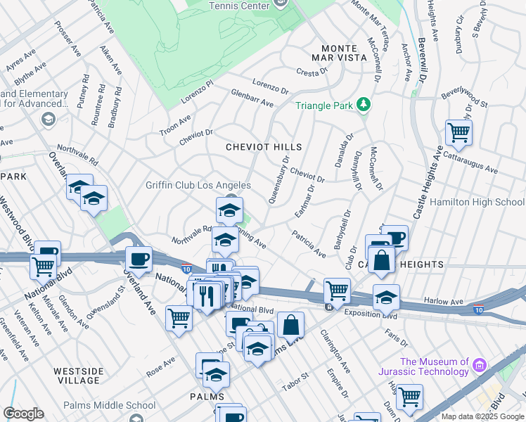 map of restaurants, bars, coffee shops, grocery stores, and more near 3151 Queensbury Drive in Los Angeles
