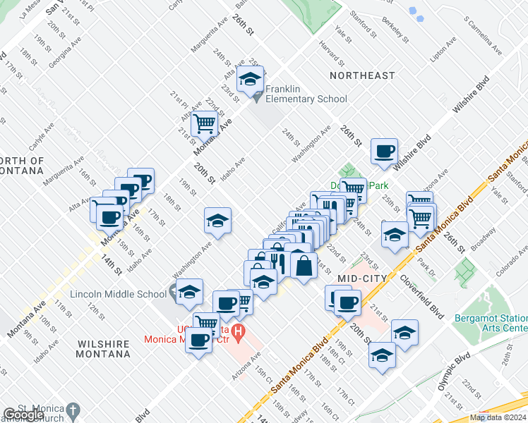 map of restaurants, bars, coffee shops, grocery stores, and more near in Santa Monica