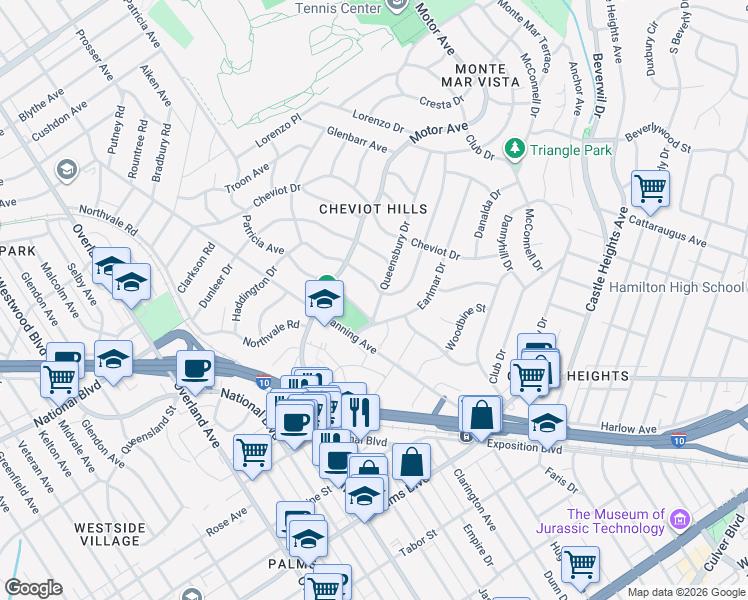 map of restaurants, bars, coffee shops, grocery stores, and more near 3151 Queensbury Drive in Los Angeles