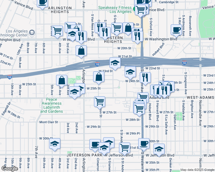 map of restaurants, bars, coffee shops, grocery stores, and more near 2160 West 25th Street in Los Angeles