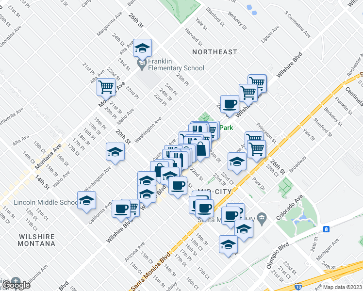 map of restaurants, bars, coffee shops, grocery stores, and more near 1133 22nd Street in Santa Monica