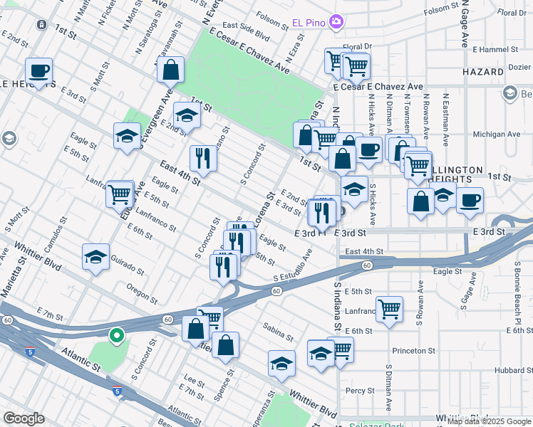 map of restaurants, bars, coffee shops, grocery stores, and more near 3403 East 4th Street in Los Angeles