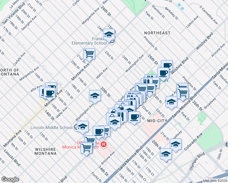 map of restaurants, bars, coffee shops, grocery stores, and more near 1041 20th Street in Santa Monica
