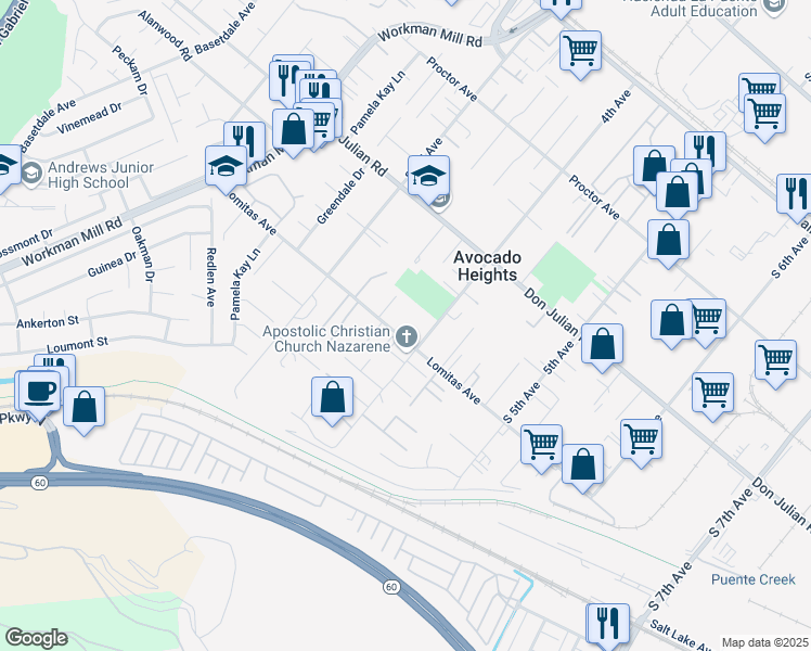 map of restaurants, bars, coffee shops, grocery stores, and more near 701 4th Avenue in La Puente