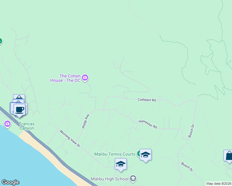 map of restaurants, bars, coffee shops, grocery stores, and more near 30112 Cuthbert Road in Malibu