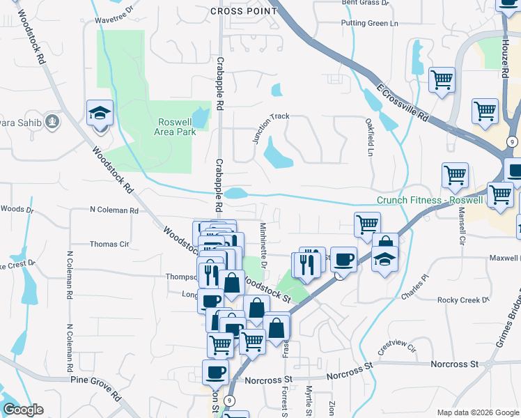map of restaurants, bars, coffee shops, grocery stores, and more near 125 Weatherford Place in Roswell
