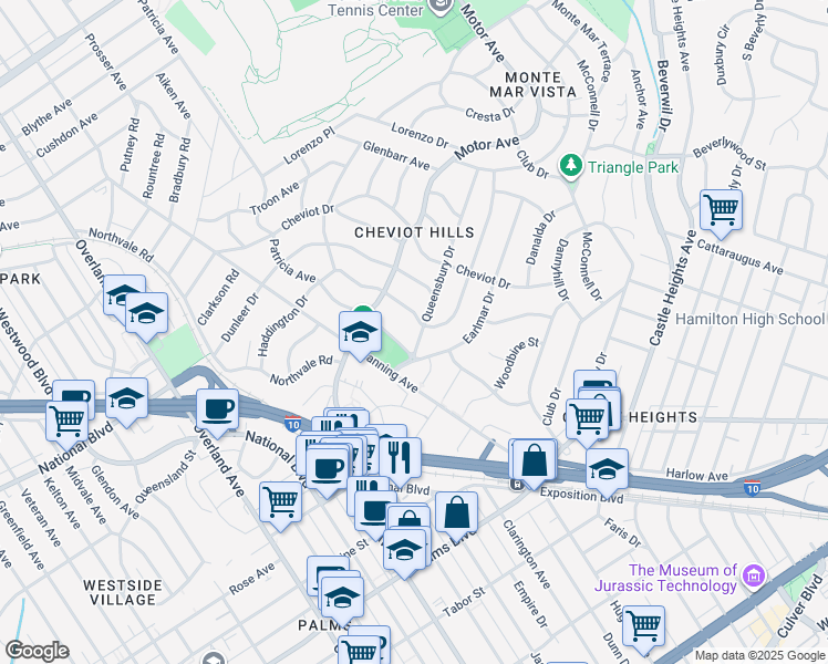 map of restaurants, bars, coffee shops, grocery stores, and more near 3151 Queensbury Drive in Los Angeles