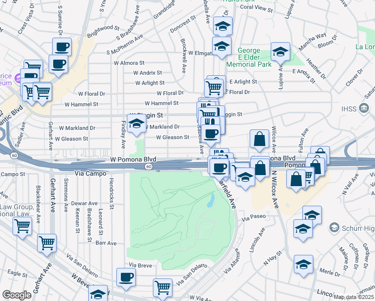 map of restaurants, bars, coffee shops, grocery stores, and more near 224 West Fernfield Drive in Monterey Park