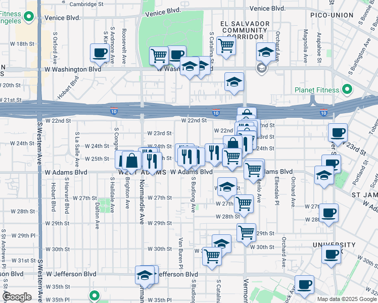map of restaurants, bars, coffee shops, grocery stores, and more near 2500 South Budlong Avenue in Los Angeles