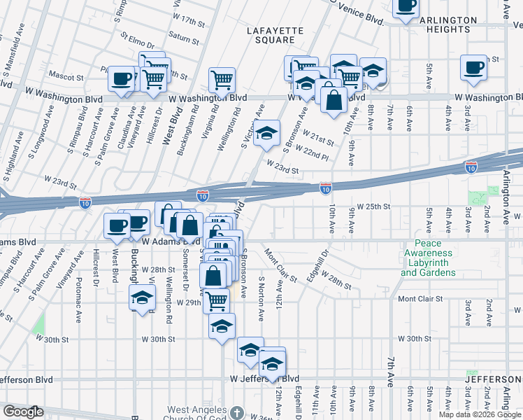 map of restaurants, bars, coffee shops, grocery stores, and more near 2508 South Bronson Avenue in Los Angeles