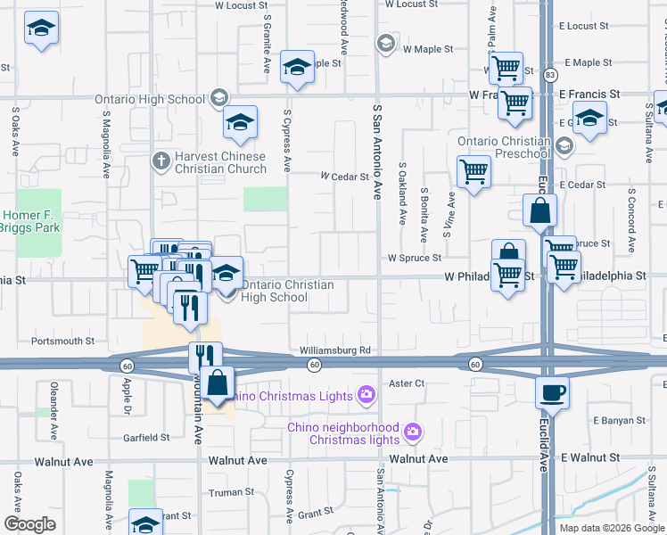 map of restaurants, bars, coffee shops, grocery stores, and more near 2152 Redwood Avenue in Ontario