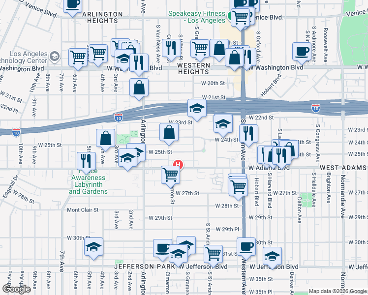 map of restaurants, bars, coffee shops, grocery stores, and more near 2177 West 25th Street in Los Angeles