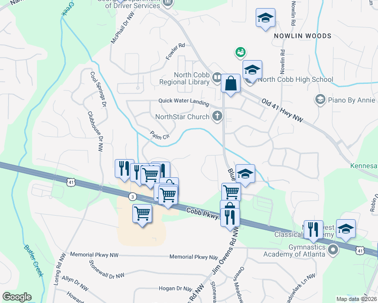 map of restaurants, bars, coffee shops, grocery stores, and more near 3168 Chapel Road Northwest in Kennesaw