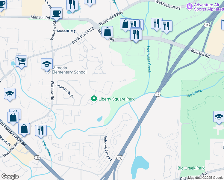 map of restaurants, bars, coffee shops, grocery stores, and more near 1425 Parkmont Drive in Roswell