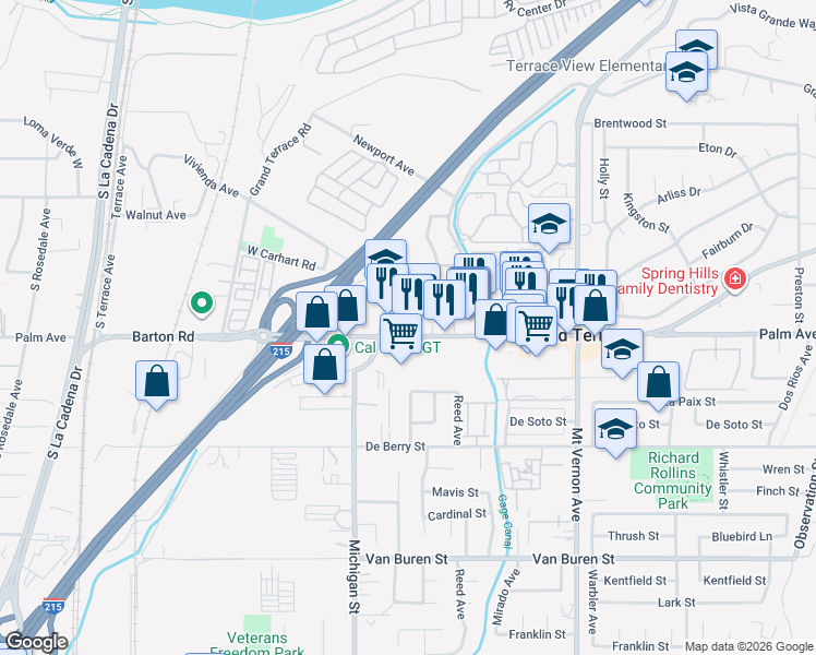 map of restaurants, bars, coffee shops, grocery stores, and more near 22130 Barton Road in Grand Terrace