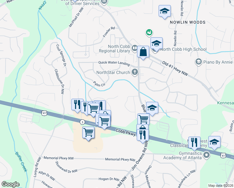 map of restaurants, bars, coffee shops, grocery stores, and more near 3171 Chapel Road Northwest in Kennesaw