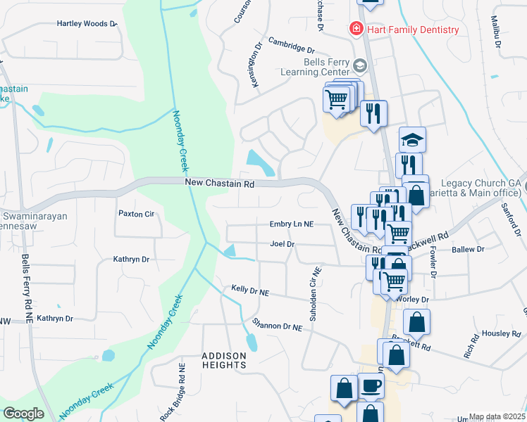 map of restaurants, bars, coffee shops, grocery stores, and more near 516 Embry Lane Northeast in Marietta