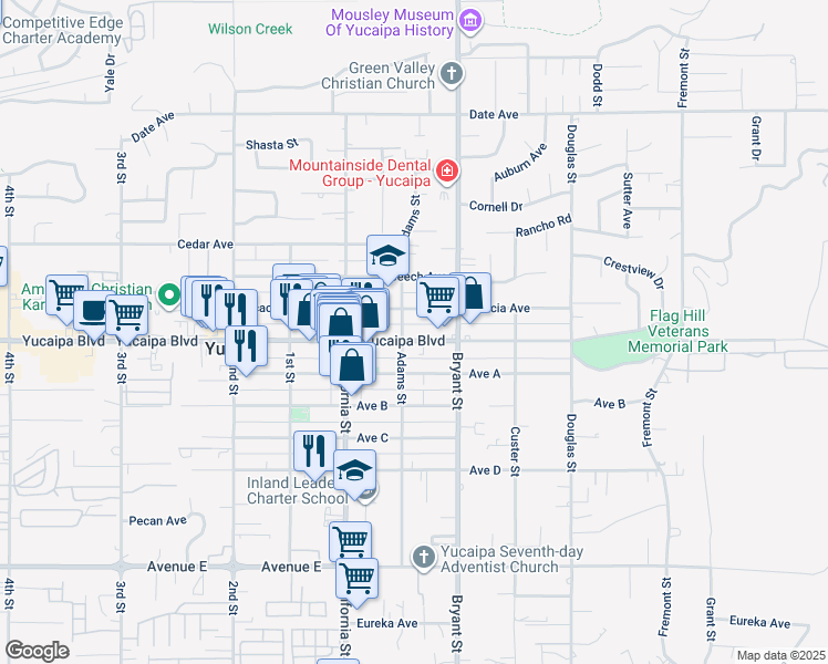 map of restaurants, bars, coffee shops, grocery stores, and more near 35222 Yucaipa Boulevard in Yucaipa