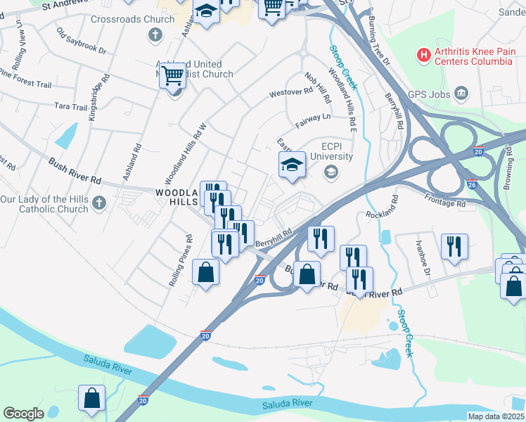 map of restaurants, bars, coffee shops, grocery stores, and more near 111 Executive Center Drive in Columbia