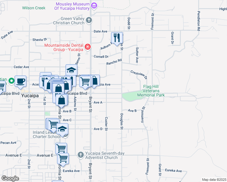 map of restaurants, bars, coffee shops, grocery stores, and more near 35446 Yucaipa Boulevard in Yucaipa