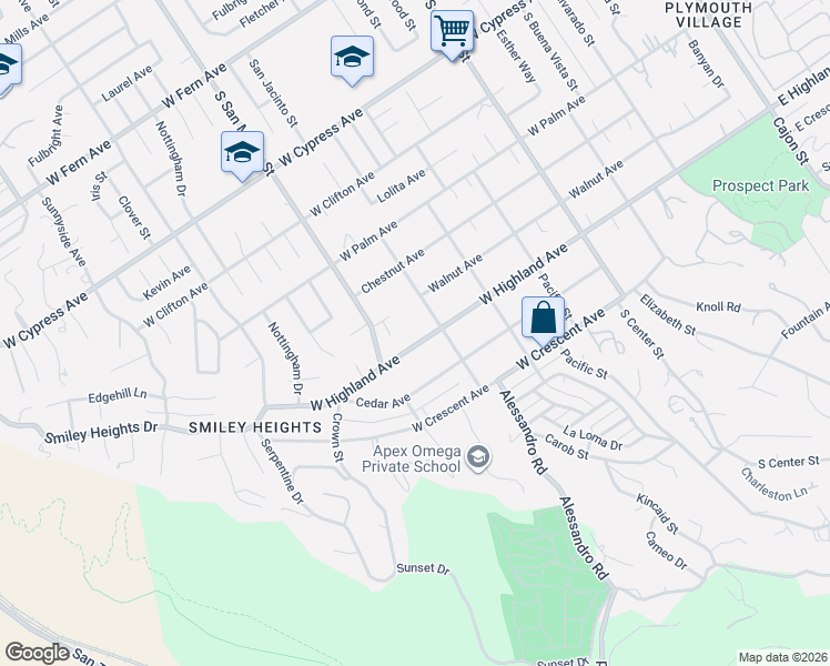 map of restaurants, bars, coffee shops, grocery stores, and more near 1154 West Highland Avenue in Redlands