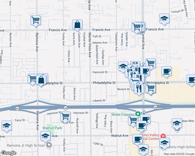 map of restaurants, bars, coffee shops, grocery stores, and more near 12116 Butterfield Place in Chino