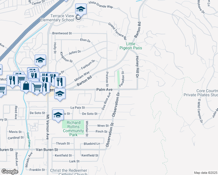 map of restaurants, bars, coffee shops, grocery stores, and more near 22914 Palm Avenue in Grand Terrace
