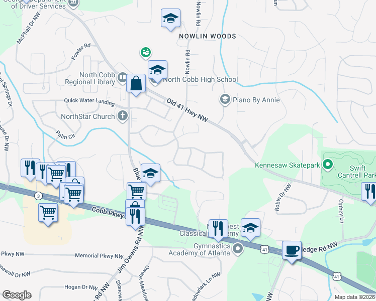 map of restaurants, bars, coffee shops, grocery stores, and more near 3171 Justice Mill Court Northwest in Kennesaw