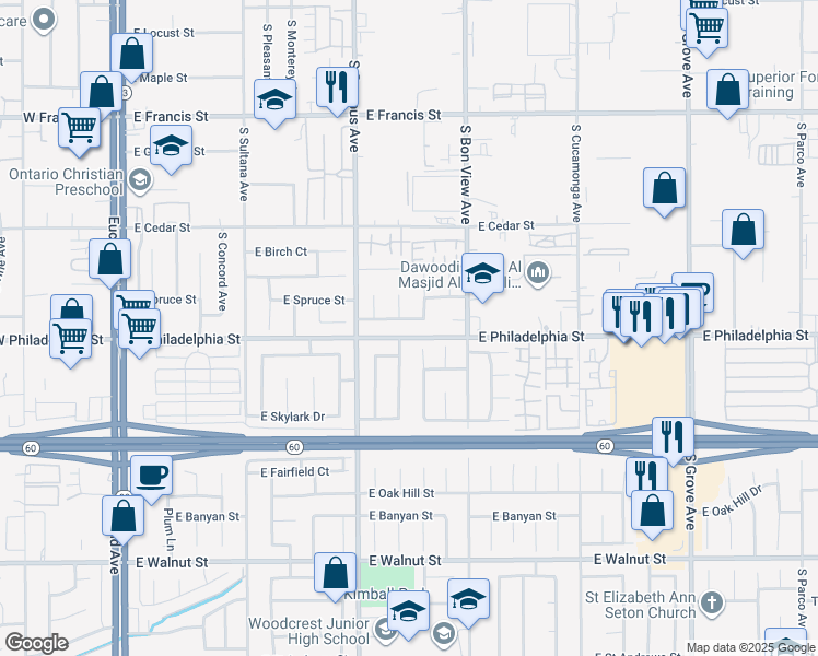 map of restaurants, bars, coffee shops, grocery stores, and more near 2204 South Taylor Place in Ontario