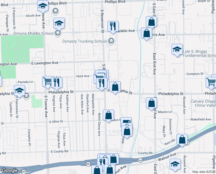 map of restaurants, bars, coffee shops, grocery stores, and more near in Pomona