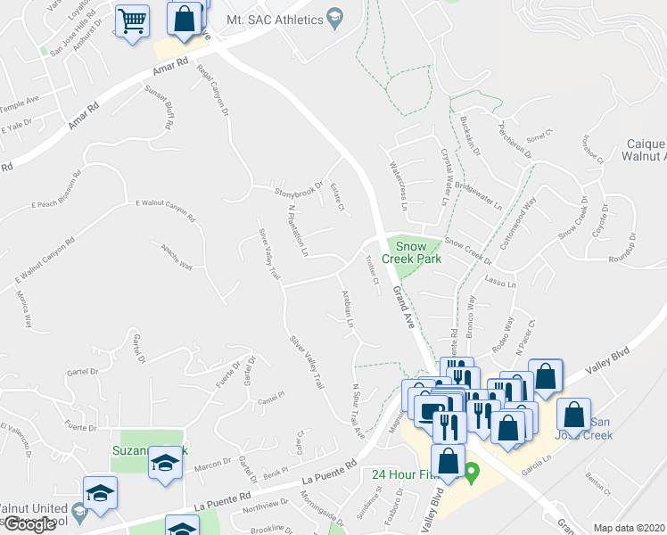 map of restaurants, bars, coffee shops, grocery stores, and more near 756 Arabian Lane in Walnut