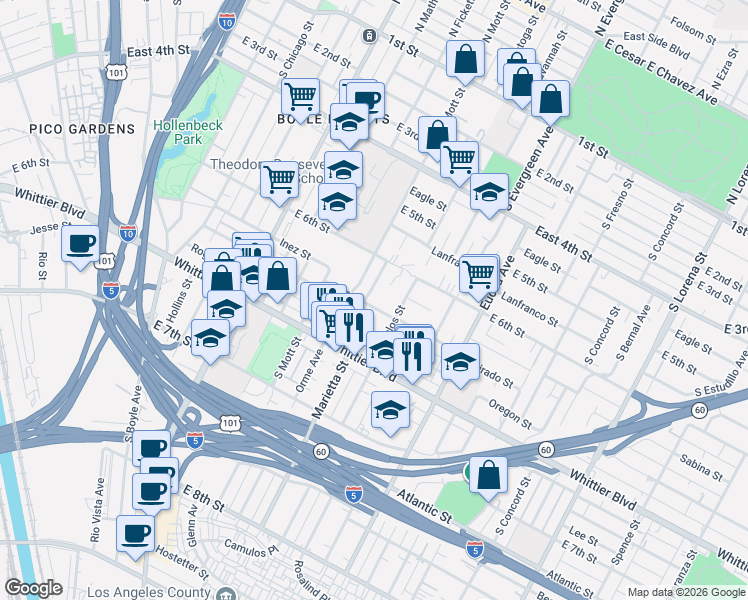map of restaurants, bars, coffee shops, grocery stores, and more near 2709 Oregon Street in Los Angeles