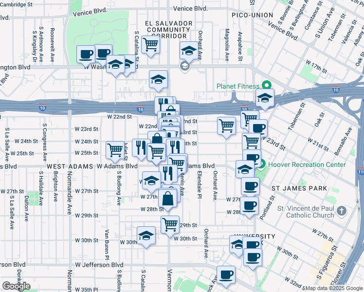 map of restaurants, bars, coffee shops, grocery stores, and more near 1336 West 25th Street in Los Angeles