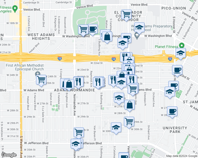 map of restaurants, bars, coffee shops, grocery stores, and more near 2500 South Budlong Avenue in Los Angeles
