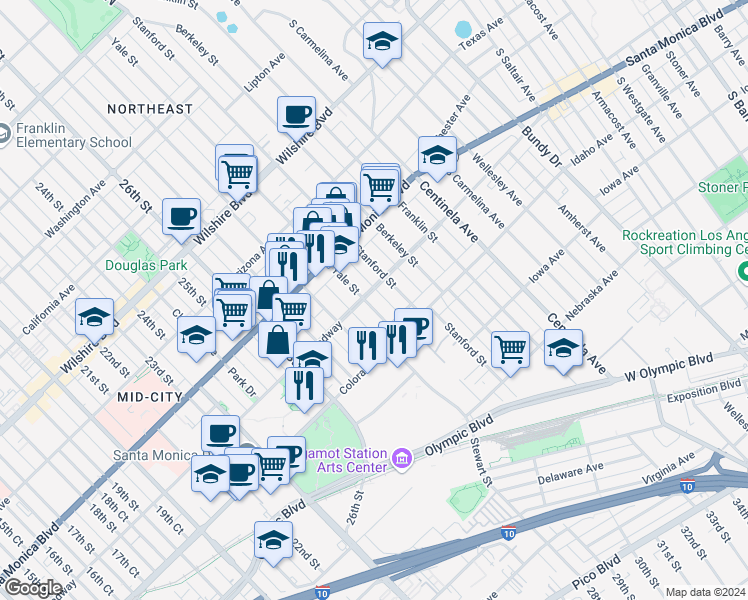 map of restaurants, bars, coffee shops, grocery stores, and more near 1518 Yale Street in Santa Monica