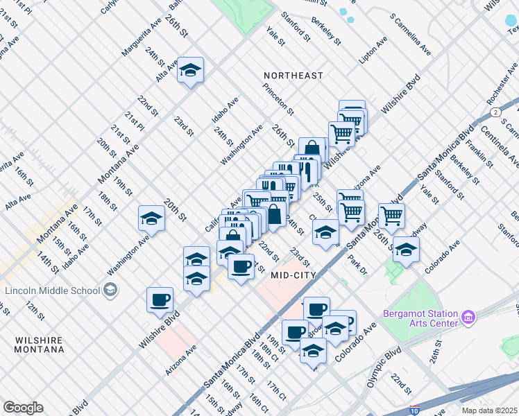 map of restaurants, bars, coffee shops, grocery stores, and more near 2300 Wilshire Boulevard in Santa Monica