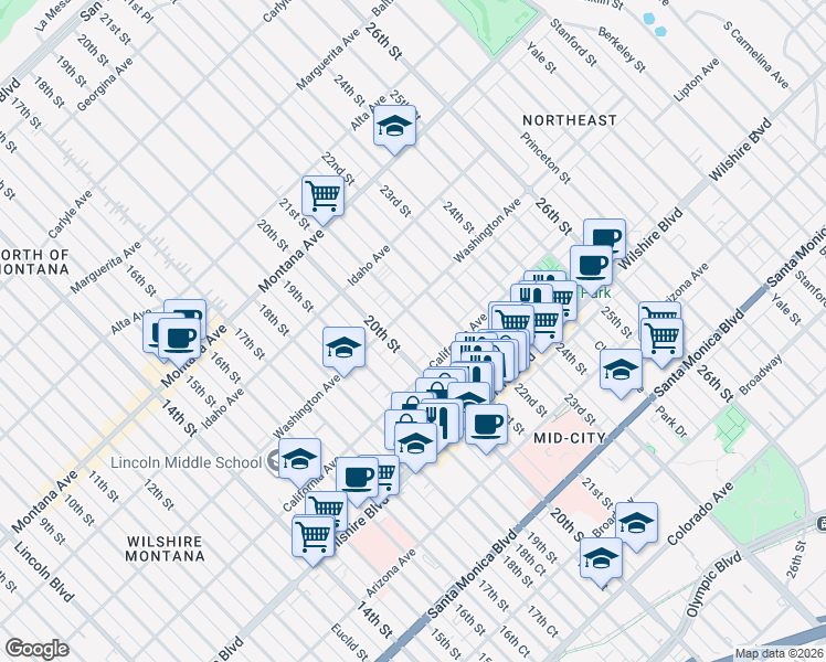 map of restaurants, bars, coffee shops, grocery stores, and more near 1041 20th Street in Santa Monica