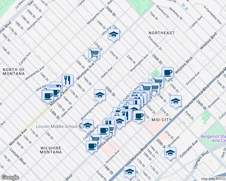 map of restaurants, bars, coffee shops, grocery stores, and more near 1922 Washington Avenue in Santa Monica