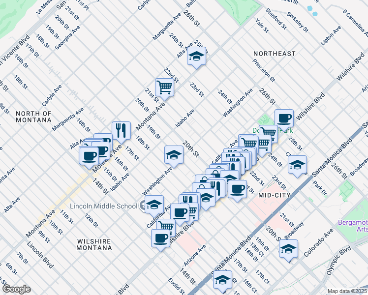 map of restaurants, bars, coffee shops, grocery stores, and more near 1922 Washington Avenue in Santa Monica