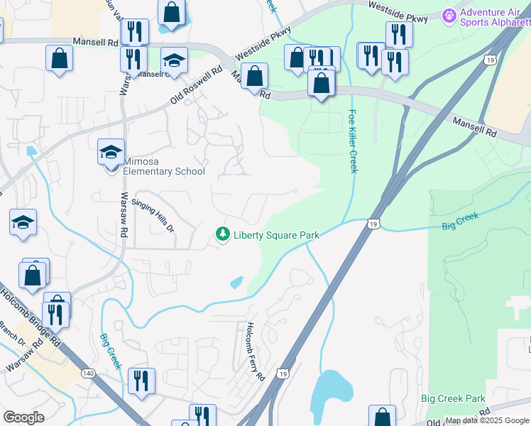 map of restaurants, bars, coffee shops, grocery stores, and more near 1425 Parkmont Drive in Roswell