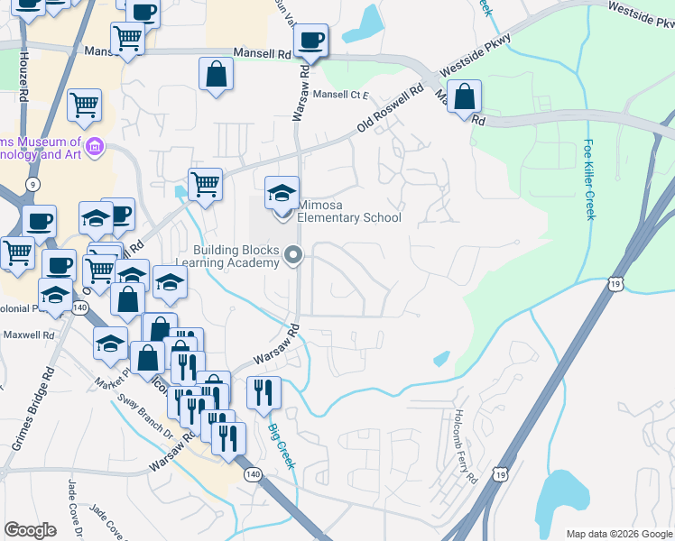 map of restaurants, bars, coffee shops, grocery stores, and more near 625 Singing Hills Court in Roswell