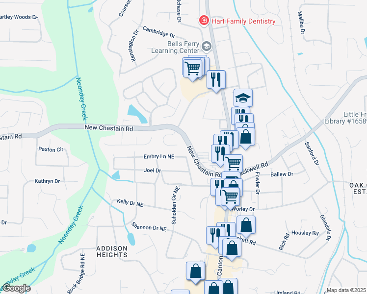 map of restaurants, bars, coffee shops, grocery stores, and more near 3301 Chastain Ridge Drive in Marietta