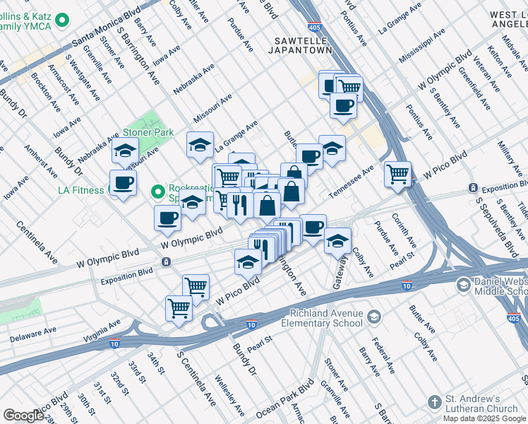 map of restaurants, bars, coffee shops, grocery stores, and more near 2223 South Barrington Avenue in Los Angeles